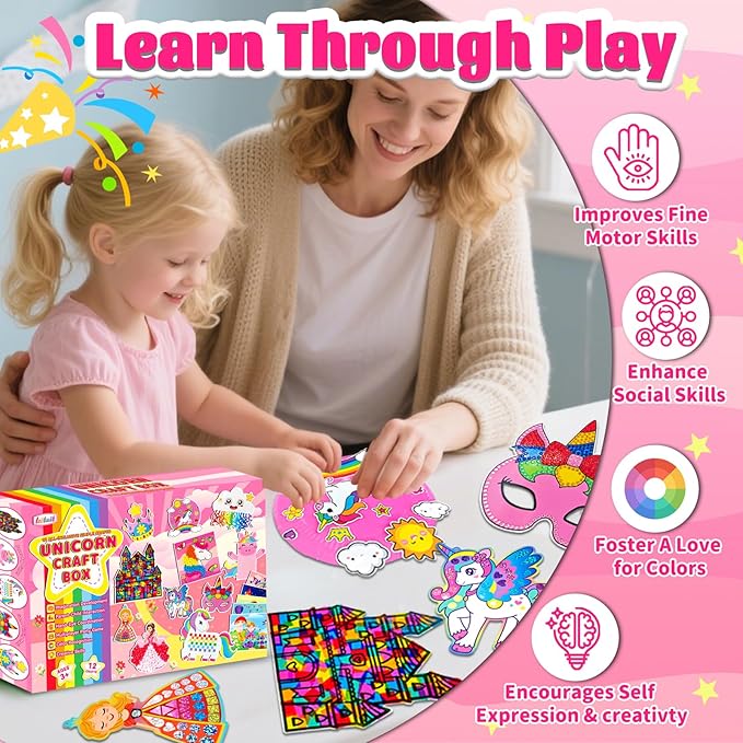 Unicorn Craft Box-12 Projects Fun Arts and Crafts for Kids Ages 4-8,Creative Educational Activity, No Mess Individually Packaged Travel Toys,Party Favors,Birthday Gift for Girls 3 4 5 6 7 8 Years Old