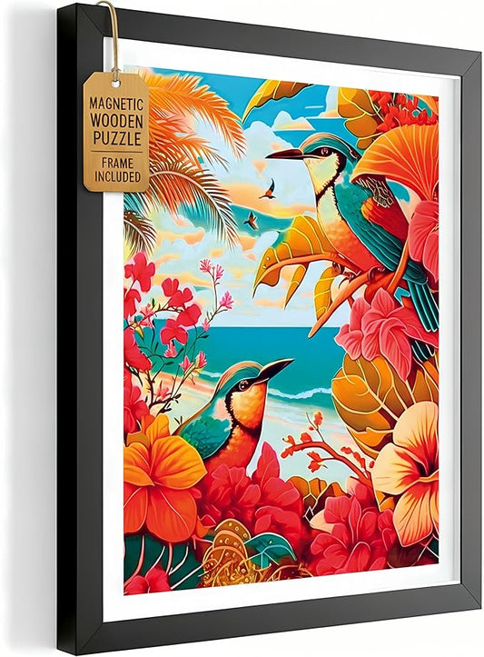 Magnetic Wooden Puzzles with Frame for Adults - Brain Teaser Wooden Jigsaw Puzzles - Lazer Wooden Cut Puzzles - Landscape Wall Art Decor - Christmas & Birthday Gift (Tropical Birds)