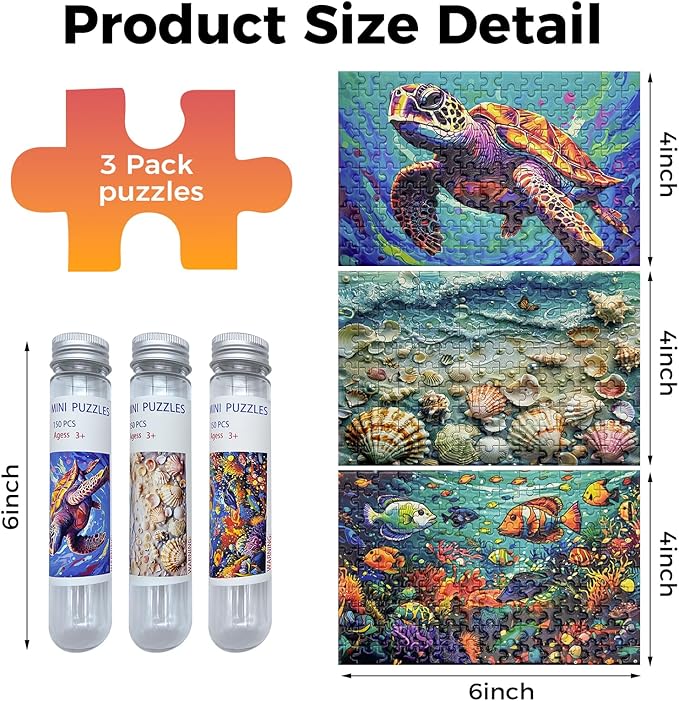 150 Pieces Mini Jigsaw Puzzles for Adults & Kids,6 x 4 Inches,Mini Puzzles,Travel Puzzle,Small Micro Puzzles,Challenging Difficult Puzzle,3 Pack Ocean Series