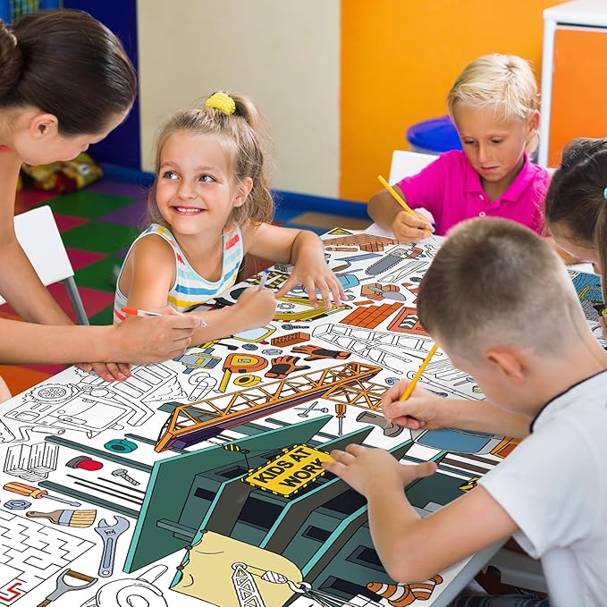 Gatherfun Construction Party Giant Coloring Poster - 31.5x 72 Inches - Versatile Classroom Wall Décor & Birthday Activity - Construction Poster or Table Cover for School Parties and Special Events