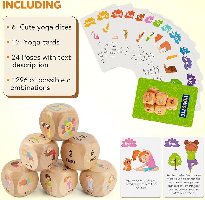 Wooden Yoga Dice Set for Kids, Fun Workout Game with 6 Exercise Dice, 12 Yoga Cards & A Box, Mindfulness Mother's Day Christmas Yoga Set for Girls & Beginners