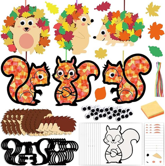 Zliisang 12PCS Make You Own Fall Crafts Kit Bulk Fall Animals Paper Suncatchers Foam Stickers Crafts DIY Kit for Autumn Thanksgiving Activities Decorations Thanksgiving Party Decor