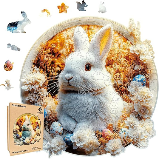 Wooden Jigsaw Puzzle, 200-500 Pieces Unique Shape Animal Puzzle, for Adults & Kids, Birthday Gift Family Game, Decorative Puzzle, Unique Gift (Starlit Bunny, 200 PCS)