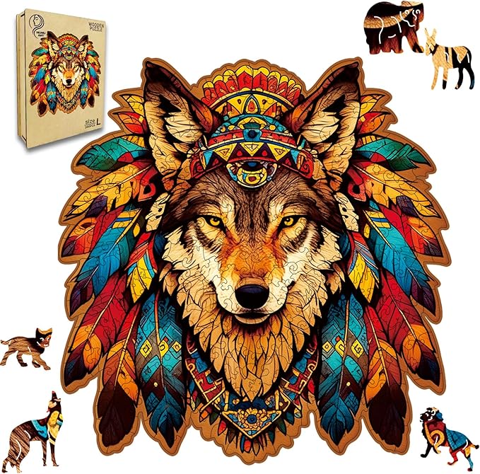 Wooden Puzzle for Adults,Wolf Totem Style Jigsaw Puzzles 300 Piece,Unique Shape Puzzle Challenge 14.9 x 14.9 Inch,Birthday Gifts Family Game