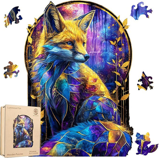 Wooden Puzzles for Adults, Luminous Fox Jigsaw Puzzle 200pcs, 8x11.4in, Unique Shape Wood Puzzles Adult, Creative Gift for Kids Family Game