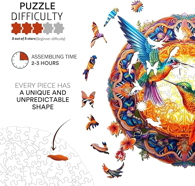 Jigfoxy Wooden Puzzles for Adults, Hummingbird Wooden Jigsaw Puzzles, Unique Animal Shape Puzzles, Christmas Thanksgiving Gifts for Family Friend(S-7.9 * 7.9in-100psc)