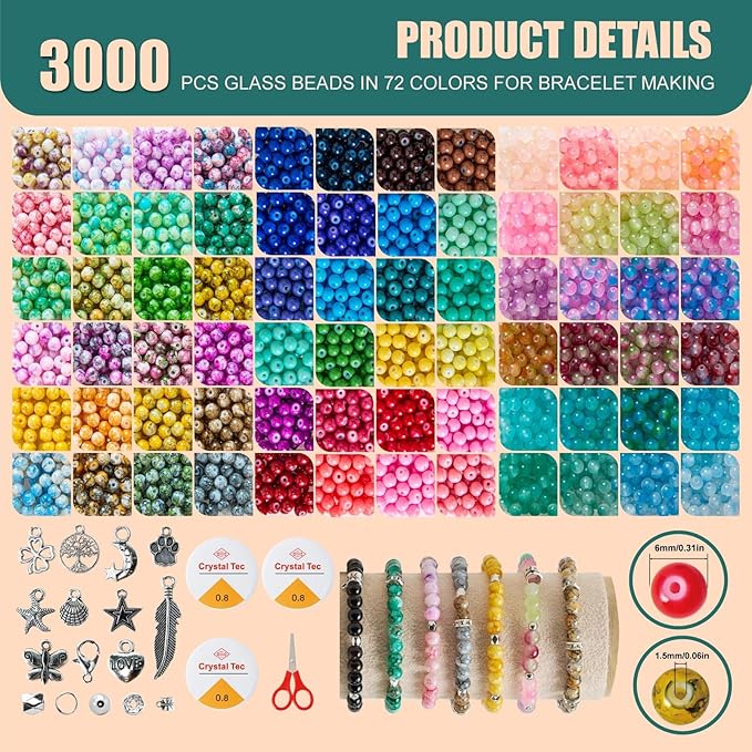 Glass Beads Kit for Jewelry Making - 3 Box Set 72 Colors, 3000pcs Round Colorful Beads for DIY Bracelet Necklace Earring Keychain, Colorful Glass Beads Bracelet Making Kit - 6mm