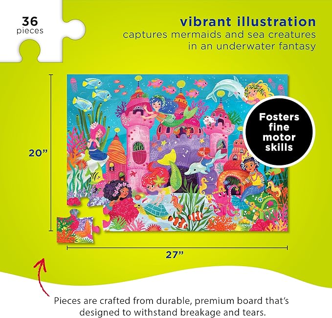 Crocodile Creek 36-Piece Jigsaw Floor Puzzle - Fun Floor Puzzles for Kids Ages 3-5 - Heavy-Duty Shaped Box for Storage - Mermaid Palace - 27" W x 20" H Finished