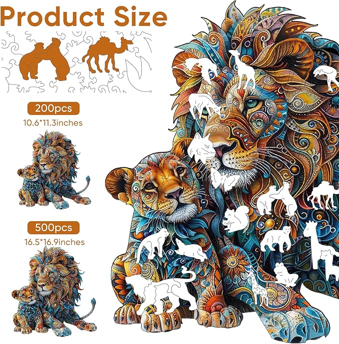 Wooden Puzzles for Adults, Lion Family Jigsaw Puzzles 500 Piece, Unique Shape Puzzles for Adults and Kids, Fun Challenging Puzzles Family Game Gift, Royal Size 16.5 x 16.9 Inches