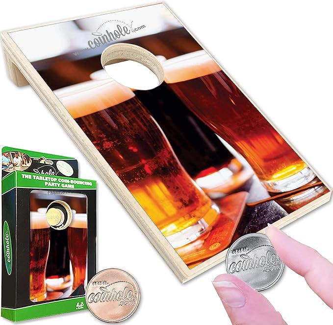 Coinhole Desktop Coin Bouncing Party Game Set | Tabletop Cornhole Board Game | Small Cornhole Travel Game Includes Coins