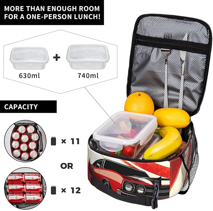 Muscle Car Lunch Bag for Women Men Adults, Insulated Lunch Box for Work, Sports, Travel, Picnic,Hiking, Fishing, Red Retro Classic Car Theme Lunchbox Gifts