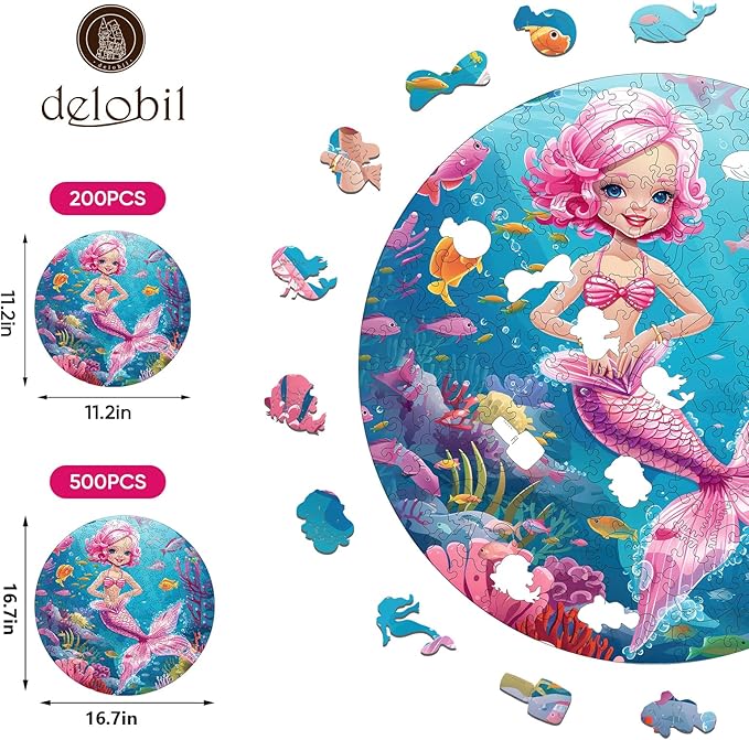 Wooden Puzzles for Adults, Mermaid Jigsaw Puzzles 500 Pieces, Unique Shape Puzzles with Wooden Box, 16.7 x 16.7 Inches Royal Size Family Game Gift, Fun Challenging Puzzles for Adults and Kids