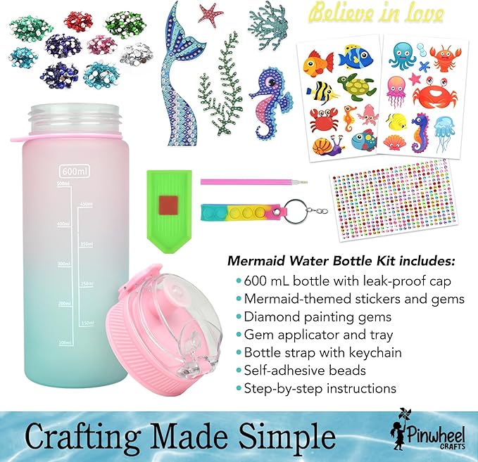 Pinwheel Crafts Flower Origami & Mermaid Water Bottle Decorating Kit Bundle – Creative Arts & Crafts Set for Kids Ages 6+ – Includes 100 Origami Sheets, Decorative Accessories, 600ml Water Bottle, Gem
