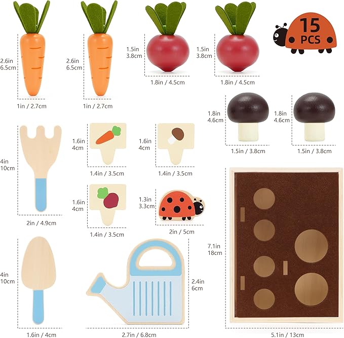 Wooden Montessori Gardening Playset for Kids – 16 Piece Plant & Harvest Toy Kit, Kids Pretend Play Food with Carrots, Beets, Mushrooms, Kitchen Accessories Toy Gift for Boys Girls 3+