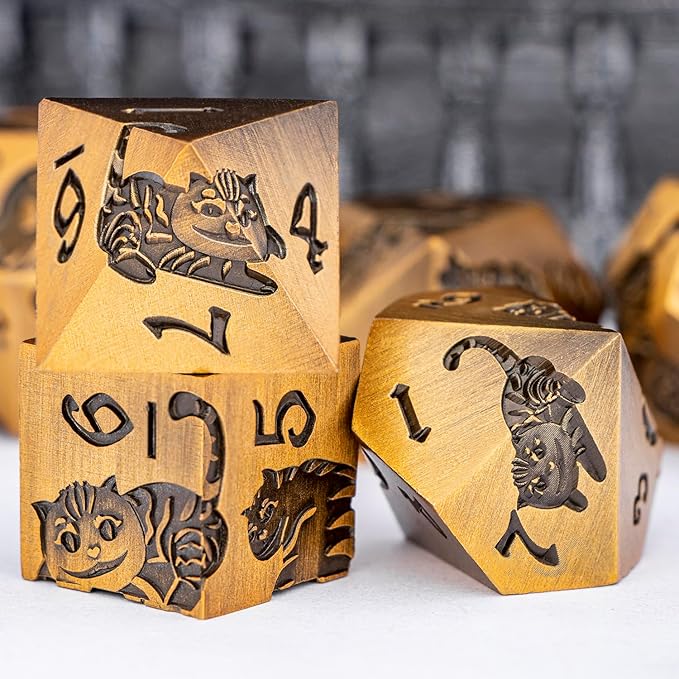 Metal DND Cat Dice Polyhedral RPG Dice Set with Gift Case for Dungeons Dragons Role Playing Game, 7PCS D and D Dice D6 D8 D10 D12 D20 D% (Antique Gold)