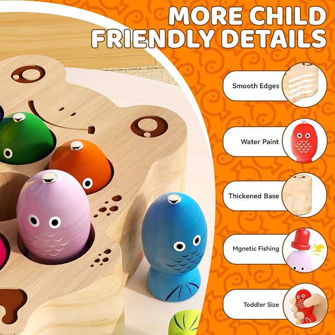 Wooden Magnetic Fishing Game for Toddlers 1-3, Frog Fishing Color Sorting Montessori Sensory Preschool Educational Learning Fine Motor Skills Toys for 3 4 5 Years Old Boys Girls