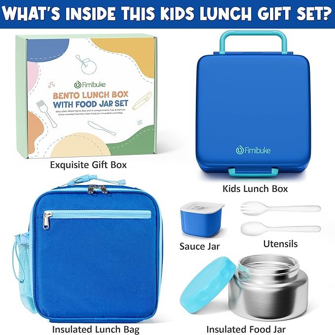 Fimibuke Bento lunch Box Set for Kids Adult with 8oz Thermos Food Jar, Insulated Lunch Bag &Sauce Cup, Leakproof Dishwasher Safe Toddler Lunch Food Container with 3-4 Compartment for School Girls Boys