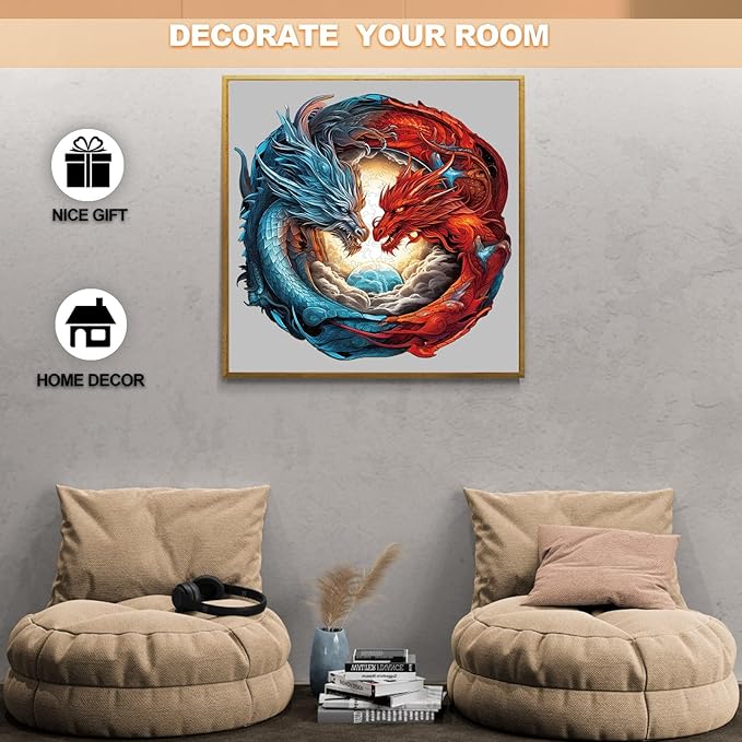 WOODBESTS Wooden Puzzle for Adults, Yin-Yang Dragon Puzzle (S, 100pcs, 8.5"x8.1") Beautiful Wooden Box, Wooden Jigsaw Puzzles Unique Shape, Birthday Gifts for Adults and Kids Family Game