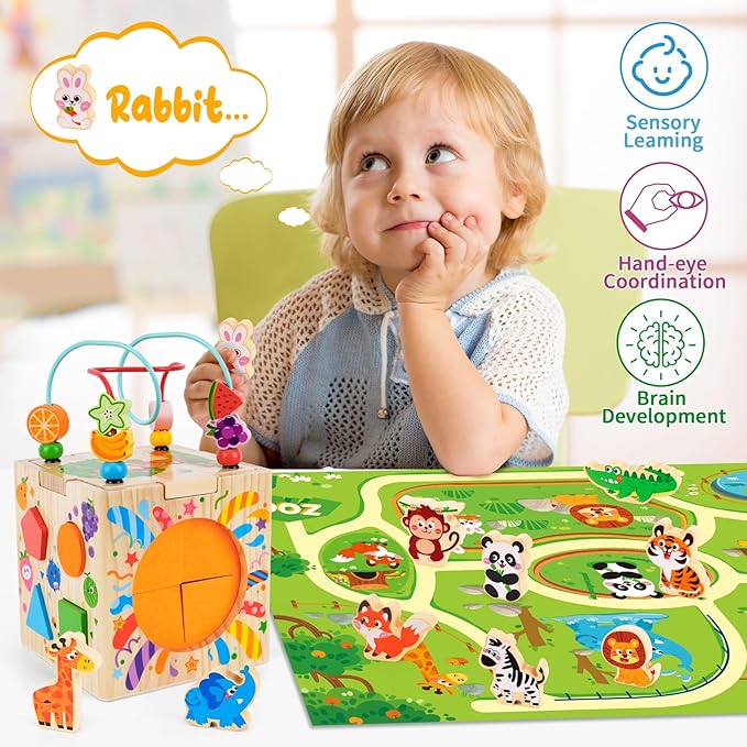 Wooden Activity Cube | Montessori Toys for 1-2 Year Old Toddlers | One Year Old 1st First Birthday Gift | Developmental Toys for 12 Months Baby Boys Girls | Bonus Sorting & Stacking Board (Blue)