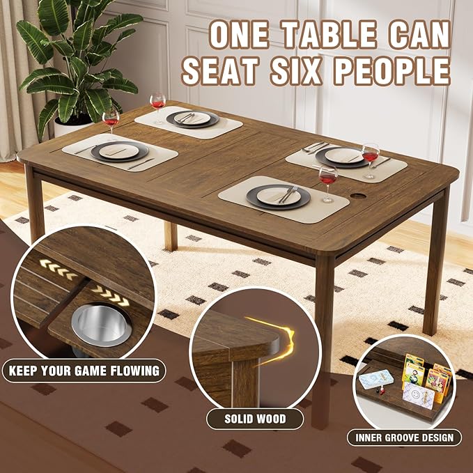 Solid Wood Convertible Board Game Table for 4-6 Players - Removable Dining Top, Premium Leather Mat, 4 Detachable Cup Holders, 54"x31" Play Area - Black Walnut for Epic Family Game Nights