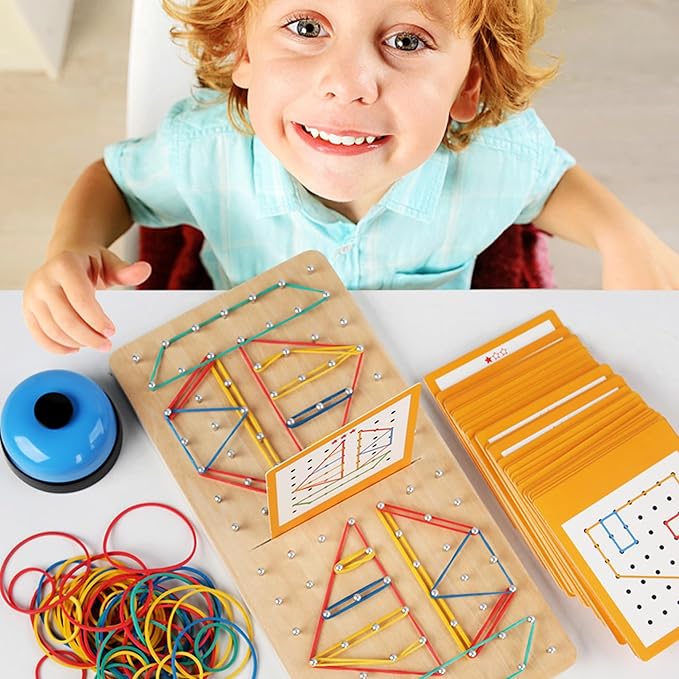 Montessori Geoboard with Rubber Bands | 2-Player Educational Board Game for Kids Ages 3-8 | STEM Math Manipulatives & Fine Motor Skills Toys | Sensory Learning Activity for Preschool, Kindergarten