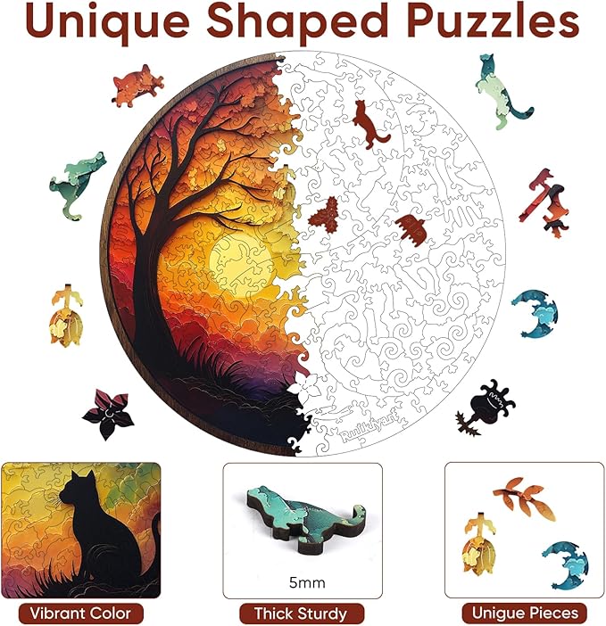 Ruikiyart Wooden Puzzles for Adults, 5MM 200Piecs Forest Cat Silhouette Wooden Jigsaw Puzzle, Unique Shape Tree Puzzle for Kids and Adults on Birthday, Thanksgiving, Christmas (11.2"x11.2")