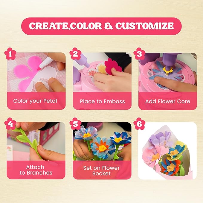 Fabric Flower Bouquets Toys for Girls - DIY Kits for Kids w/ Markers & Challenge Cards - Arts & Crafts for 3 4 5 6 7 8 9 10 Year Old Girl - Educational Toys - Art and Craft Kits for Girls