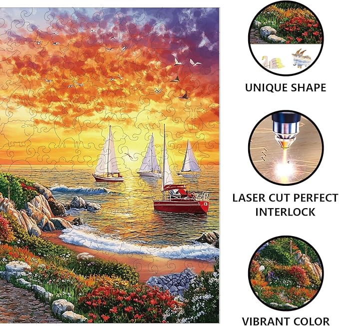GLOBLELAND 300Pcs Seaside Lighthouse Wooden Jigsaw Puzzles for Adult Garden Sunset Colorful Unique Animal Shaped Jigsaw Puzzles for Holiday Birthday Gifts
