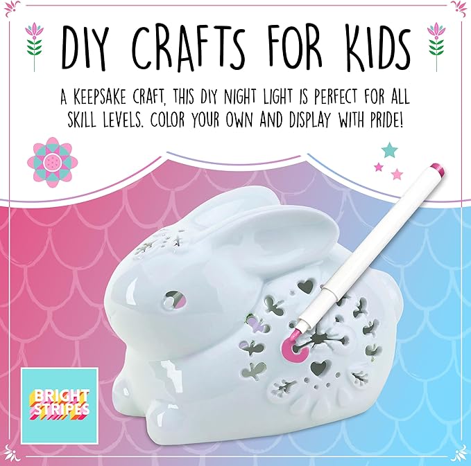 Bright Stripes LED Candle Critters|Color Your Own Ceramic Bunny|Age 6+|DIY Creative Kids Set|Includes 3 Ceramic Markers,LED Candle Light,House Shaped Box & Instruction|Perfect for Kids Birthday Gift