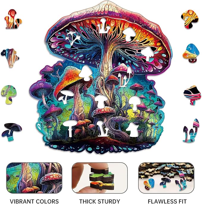 Wooden Jigsaw Puzzle for Adults,Magical Mushrooms Wood Puzzles 200 Piece,Thanksgiving Birthday Gifts Family Game,Unique Shape Puzzle Challenge 11 x 11 Inch