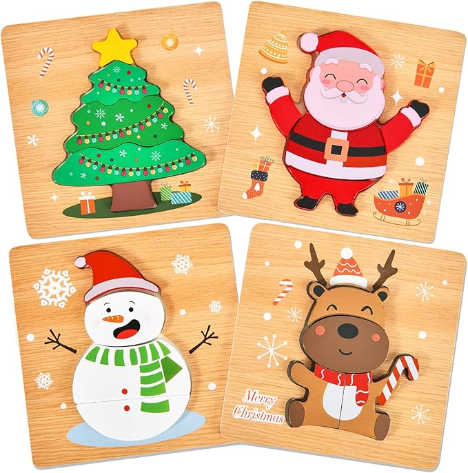 4 Pack Christmas Wooden Puzzles for Kids Toddlers Jigsaw Puzzles Christmas Stocking Stuffers Toys Xmas Party Favors