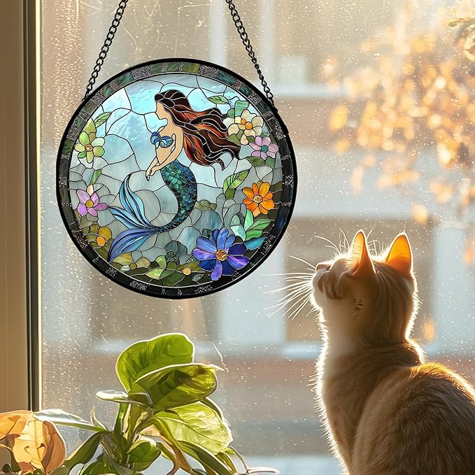 Stained Glass Window Hanging - Light Blue Mermaid Suncatcher for Door Terrace Garden Home Decor, Ocean Flowers Sun Catcher Birthday Gifts for Lovers Women Men Dad Mom Nana 9.8 in