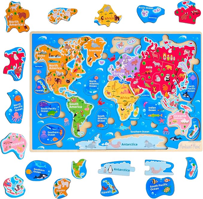 Montessori Mama World Map Wooden Puzzle, Continents and Oceans Puzzles for Kids Ages 4-6. Perfect Educational Toys for 4 Year Old Including Global Landmarks, Animals and Marine Life