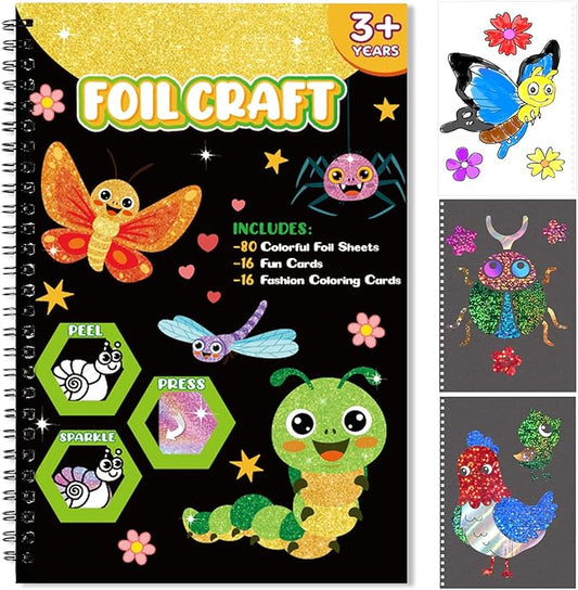 Foil Craft Bugs Butterfly DIY Art Fun Kits Set, No Mess Creative Foil Art Drawing Game for Kids, Birthday Gifts Crafts Supplies Travel Toys for Girls Boys Ages 4-9