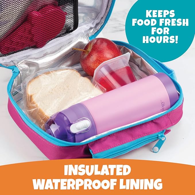 Kids Insulated Lunch Box w Snack Pocket & Expandable Water Bottle Holder For Girls- Waterproof Lunchbox Tote Keeps Food Hotter or Colder Longer - Reusable Back to School Bag Fits Most Bento Containers