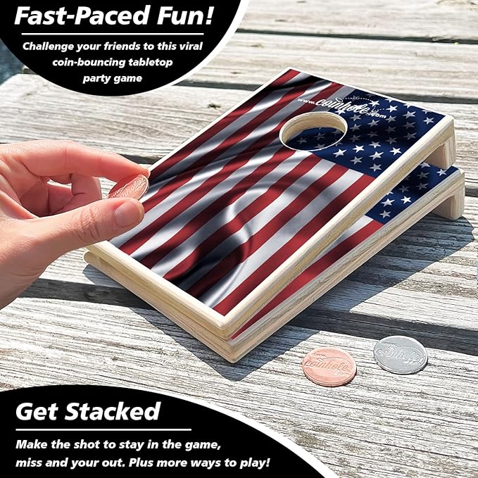Coinhole Desktop Coin Bouncing Party Game Set | Tabletop Cornhole Board Game | Small Cornhole Travel Game Includes Coins