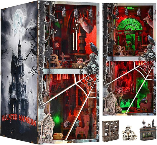Haunted Mansion Book Nook Kit, Halloween DIY Miniature Dollhouse Kit, Miniature House Kit for Adults and Teens, Horror 3D Wooden Puzzle Bookend Bookshelf Insert Decor with LED Light