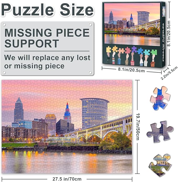 Puzzles for Adults 1000 Pieces Cleveland Skyline Challenging Jigsaw Puzzles for Adults, 27.5x19.7 Inch Ohio Cityscape Puzzle Game for Women Home Decoration Birthday Gift