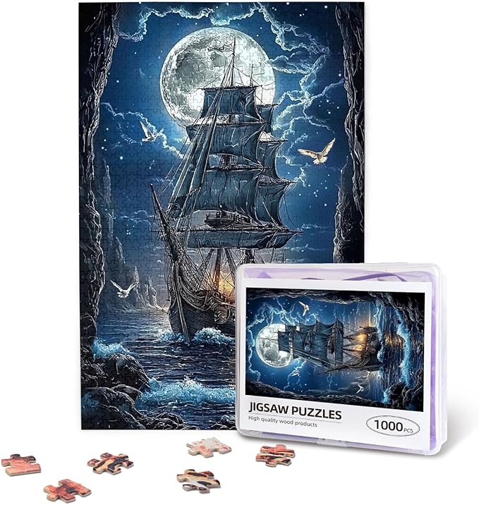 Sailboat Jigsaw Puzzles 1000 Pieces，Moon Sailboat Jigsaw Puzzles Moonlit Voyage 1000 Piece，Ocean Sea Sailing Ship Puzzles，Fantasy Puzzles for Friends Family Activity Game Nights Gifts