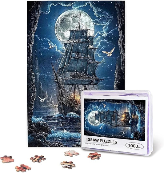 Sailboat Jigsaw Puzzles 1000 Pieces，Moon Sailboat Jigsaw Puzzles Moonlit Voyage 1000 Piece，Ocean Sea Sailing Ship Puzzles，Fantasy Puzzles for Friends Family Activity Game Nights Gifts
