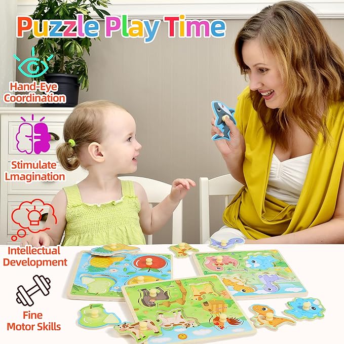 6PCS Wooden Toddler Puzzles, Montessori Toys Peg Puzzles for 3-5 Kid, Toddler Learning Educational Toys Kids Puzzle -Dinosaur, Farm, Farm Animals, Sea Animals, Fruit, Baby Puzzle Gift for Boys Girls