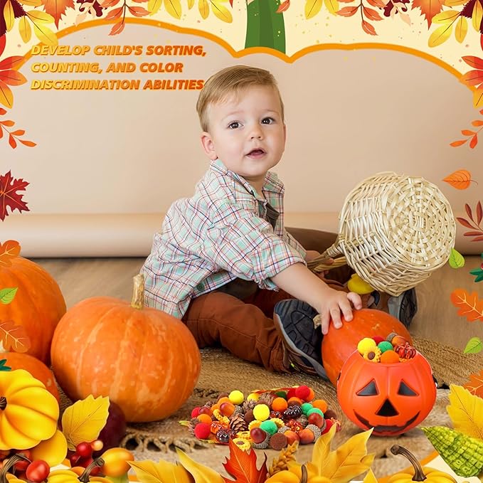 149 Pcs Thanksgiving Fine Motor Skills Sensory Bin Filler Set Include Cognitive Cards Acorn Maple Leaf Sunflower Pinecone Pumpkin Decor for Sorting Counting Training Development