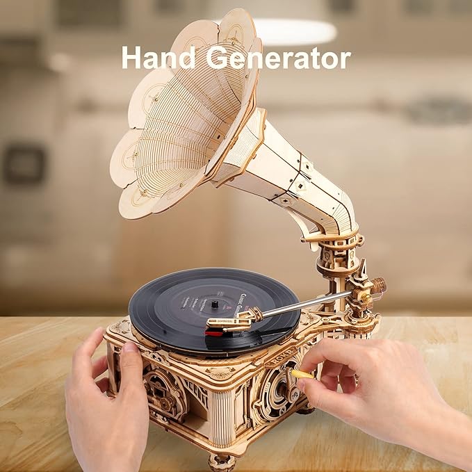 ROKR 3D Wooden Puzzles Gramophone for Adults - DIY Mechanical Model Kit 1:1 Replica Record Player Support 7"/10" Vinyl Building Gift Hobbies for Adults Home Decor