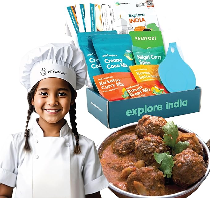 eat2explore Cooking Kits for Kids - Interactive & Educational Set with 3 Recipe Cards, Key Ingredients & Cooking Tools - Ideal Idea for Kids who Love to Create Meals (India Edition)