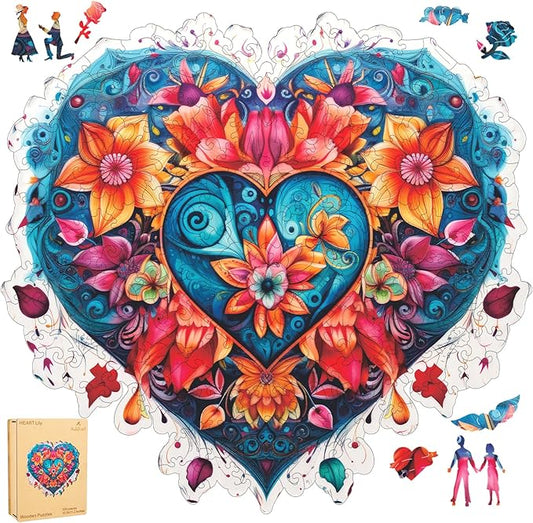 Ruikiyart Wooden Puzzles for Adults, 5MM 200 PiecesLily Heart Flower Wooden Jigsaw Puzzle, Unique Shapes Puzzles Great Gift for Adults and Kinds on Birthday, Christmas (10.6"x11.2")