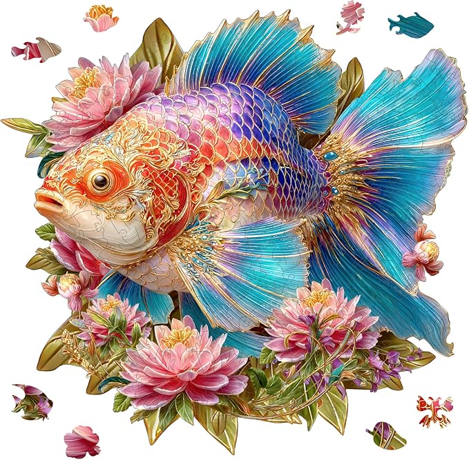 Wooden Puzzles for Adults 497 Pieces, Lucky Carp Wooden Jigsaw Puzzles, Art Adult Puzzles, Irregular Puzzles Creative Gift for Adults and Kids Family Brain Game, 16.2x17 inch
