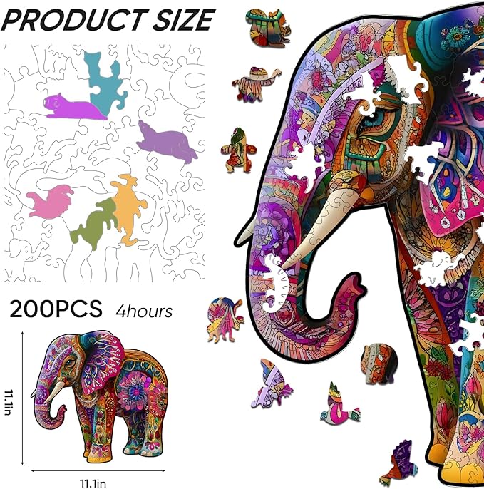 Wooden Jigsaw Puzzle, 200 Pcs Unique 3D Shape Jigsaw Puzzles, Wood Puzzle Gift Box Packing, Medium Size Letter, Creative Gift for Adults and Kids, Fun Challenging (200PCS, Elephant)