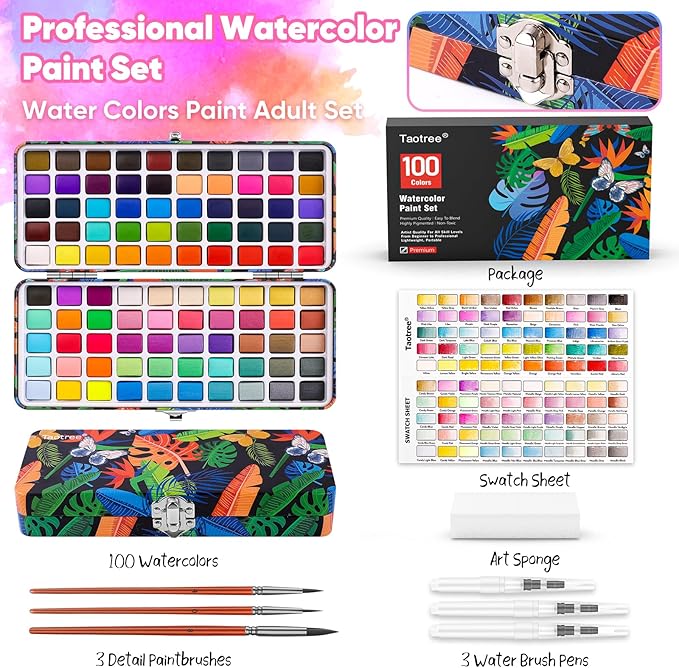 Taotree Watercolor Paint Set 100 Colors, Art Supplies Watercolors Kit Travel Water Colors with Paints Brushes, Crafts Painting Supplies, Drawing Gifts for Teens Girls Boys Kids Adults Artists