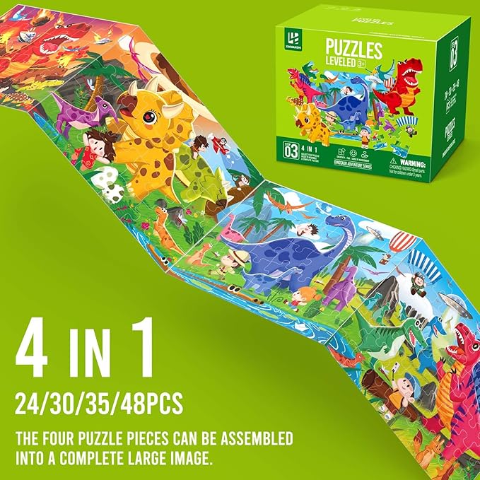 Dinosaur Puzzles for Kids Ages 3-8，4 Pack Progressive Jigsaw Puzzles (24/30/35/48 Pieces) for Toddlers & Children，Educational Floor Puzzles for Gifts
