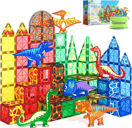 102PCS Dinosaur Toys Magnetic Tiles with 8 Dinosaurs - Jurassic Scenes Dinosaur World Adventure Set, Magnetic Blocks Kids Toys for Boys & Girls Ages 3+, Sensory Toddler Creative Kids Games Gifts